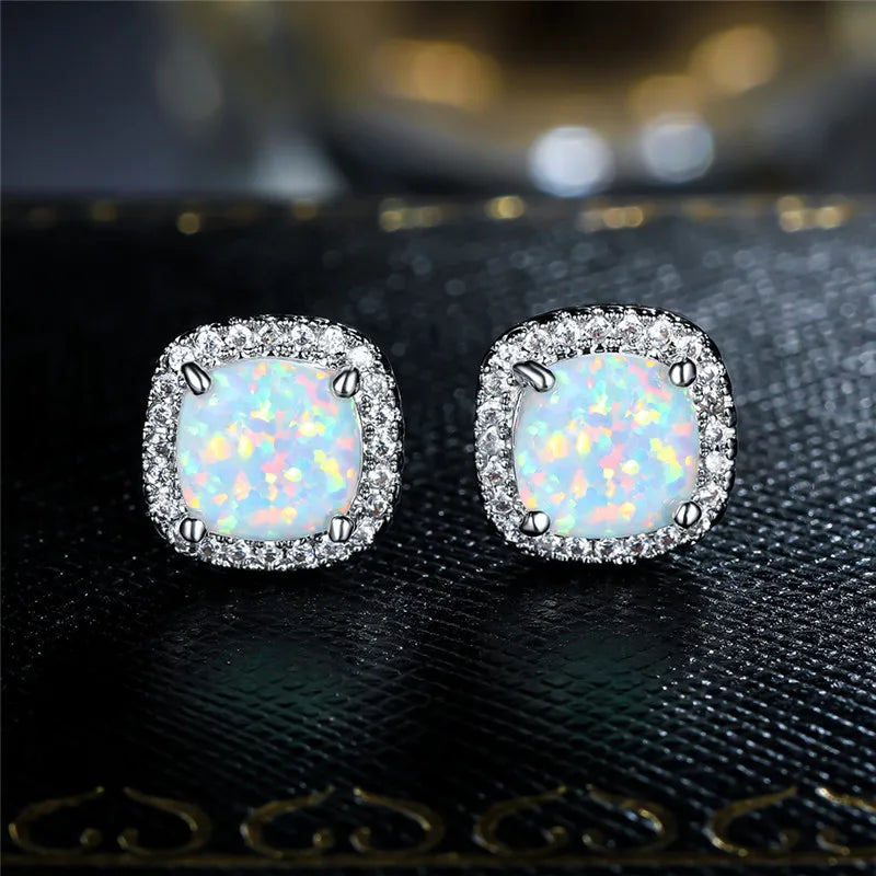 Elegant Silver Round White Fire Opal Stud Earrings